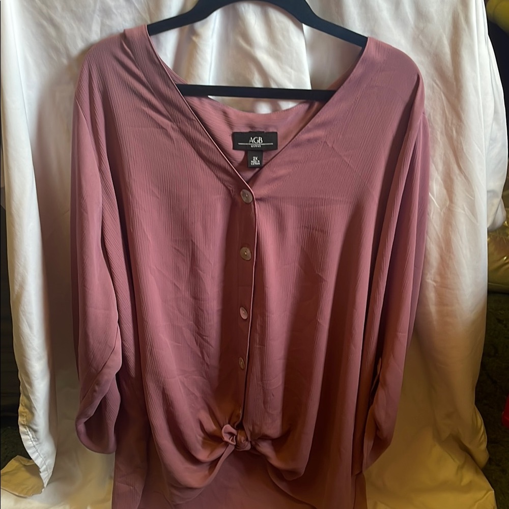AGB Pink Button Down 3/4 Sleeve Top with Tie Front